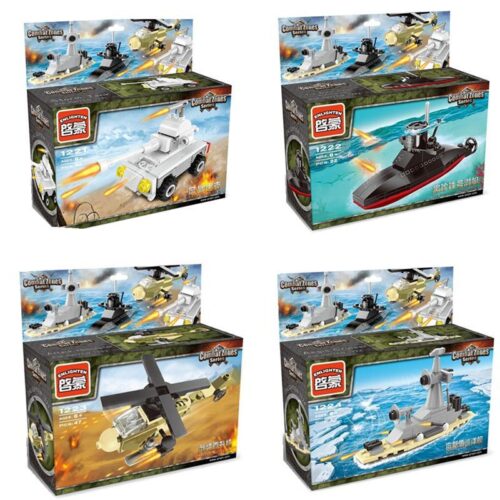 Bộ lắp ráp QMAN 1221 Hạm đội chiến đấu mini giá rẻ cho bé trai 6 tuổi, gồm xe tăng, tàu ngầm, trực thăng và tàu tuần dương.