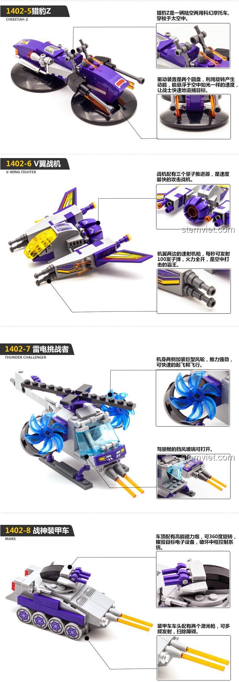 Chi tiết các mẫu lắp ghép QMAN 1402-8, bao gồm Cheetah-Z, V-Wing Fighter, Thunder Challenger, Mars, bộ lắp ráp Kẻ Hủy Diệt Vũ Trụ.