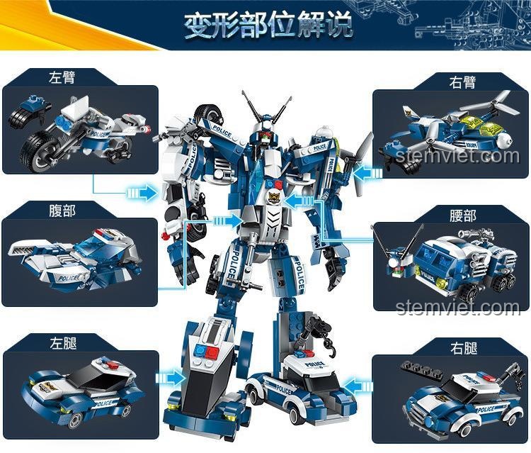 Chi tiết biến hình của Robot Cảnh Sát Biến Hình QMAN 1407-6, thể hiện các bộ phận hợp thể từ 6 phương tiện nhỏ, đồ chơi mô hình cho bé trai.