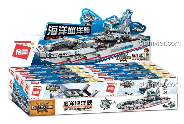 Đồ chơi mô hình QMAN 1411 Tàu Tuần Dương Biến Hình 8-in-1, bộ lắp ghép chiến hạm hải quân, phát triển tư duy
