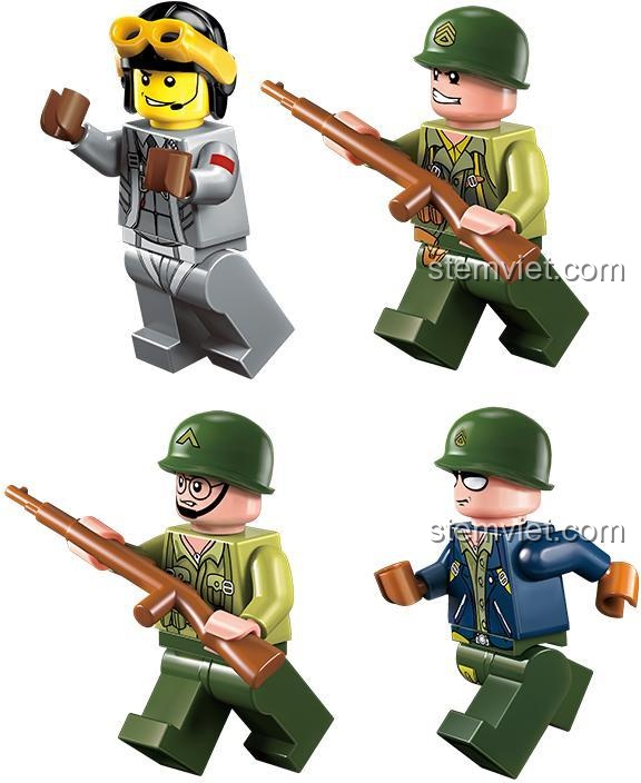 Các minifigure lính quân sự trong bộ lắp ráp Xe quân sự Keeppley 1709, chi tiết cao, cho bé trai 6 tuổi.