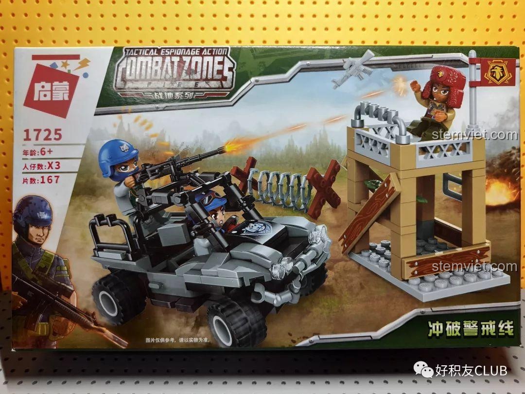 Hộp bộ lắp ráp QMAN 1725 Combat Zones với hình ảnh xe jeep và chốt gác chiến đấu.