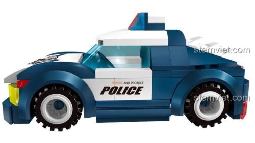 Đồ chơi lắp ráp Xe cảnh sát đặc nhiệm ENLIGHTEN 1901, mô hình xe cảnh sát đuổi bắt màu xanh dương và trắng, nhìn từ bên hông, cho bé trai 6 tuổi.