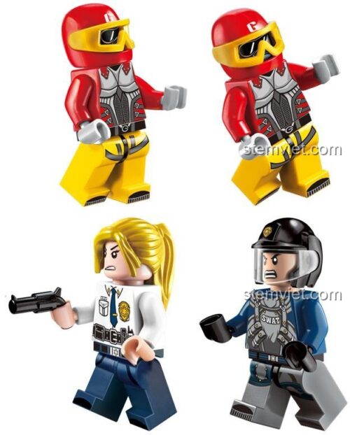 Các minifigure cảnh sát và phi công phản diện trong bộ đồ chơi lắp ráp QMAN 1915, chi tiết cao, phù hợp bé trai 6 tuổi.