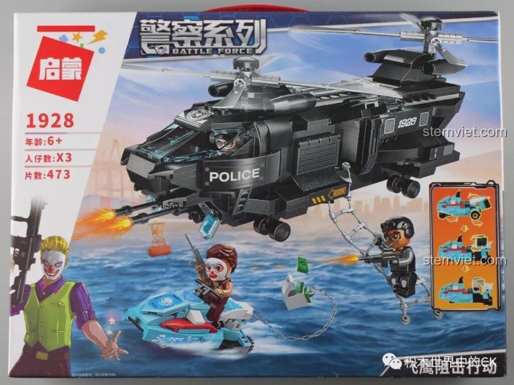 Hộp đồ chơi lắp ráp Qman 1928 Cảnh Sát Battle Force: Chiến Dịch Chim Ưng Tấn Công với hình ảnh trực thăng và các minifigure.