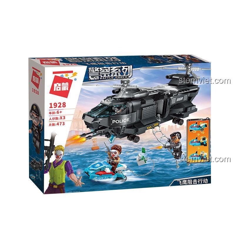 Mặt trước hộp đồ chơi mô hình Qman 1928 với hình ảnh cuộc truy đuổi gay cấn giữa trực thăng cảnh sát và tội phạm.