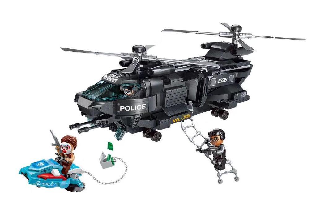 Mô hình đồ chơi lắp ráp Qman 1928 Trực thăng cảnh sát hai cánh quạt và mô tô nước của tội phạm, phù hợp cho bé trai 6 tuổi.