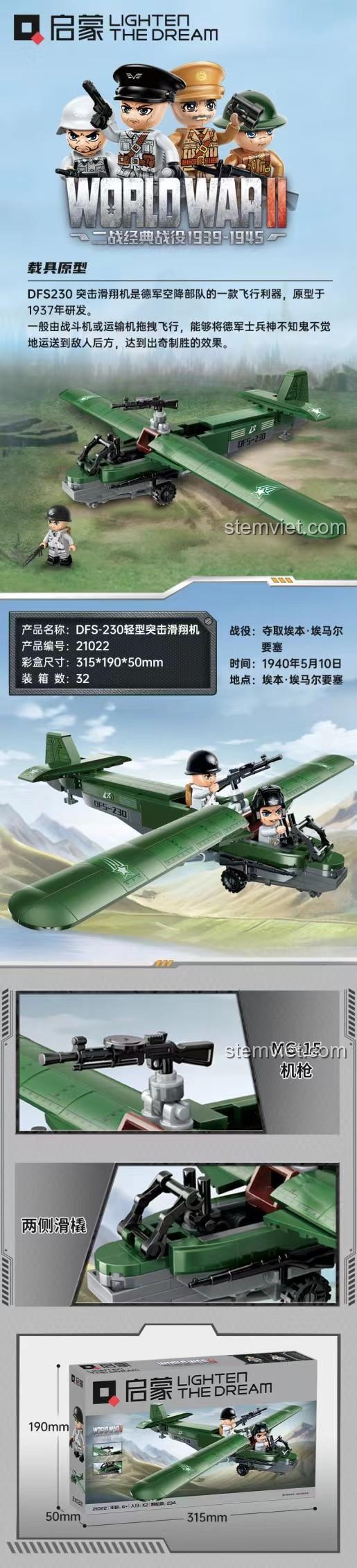 Thông tin chi tiết bộ lắp ráp máy bay Thế chiến II DFS-230 21022, bao gồm súng máy MG-15.