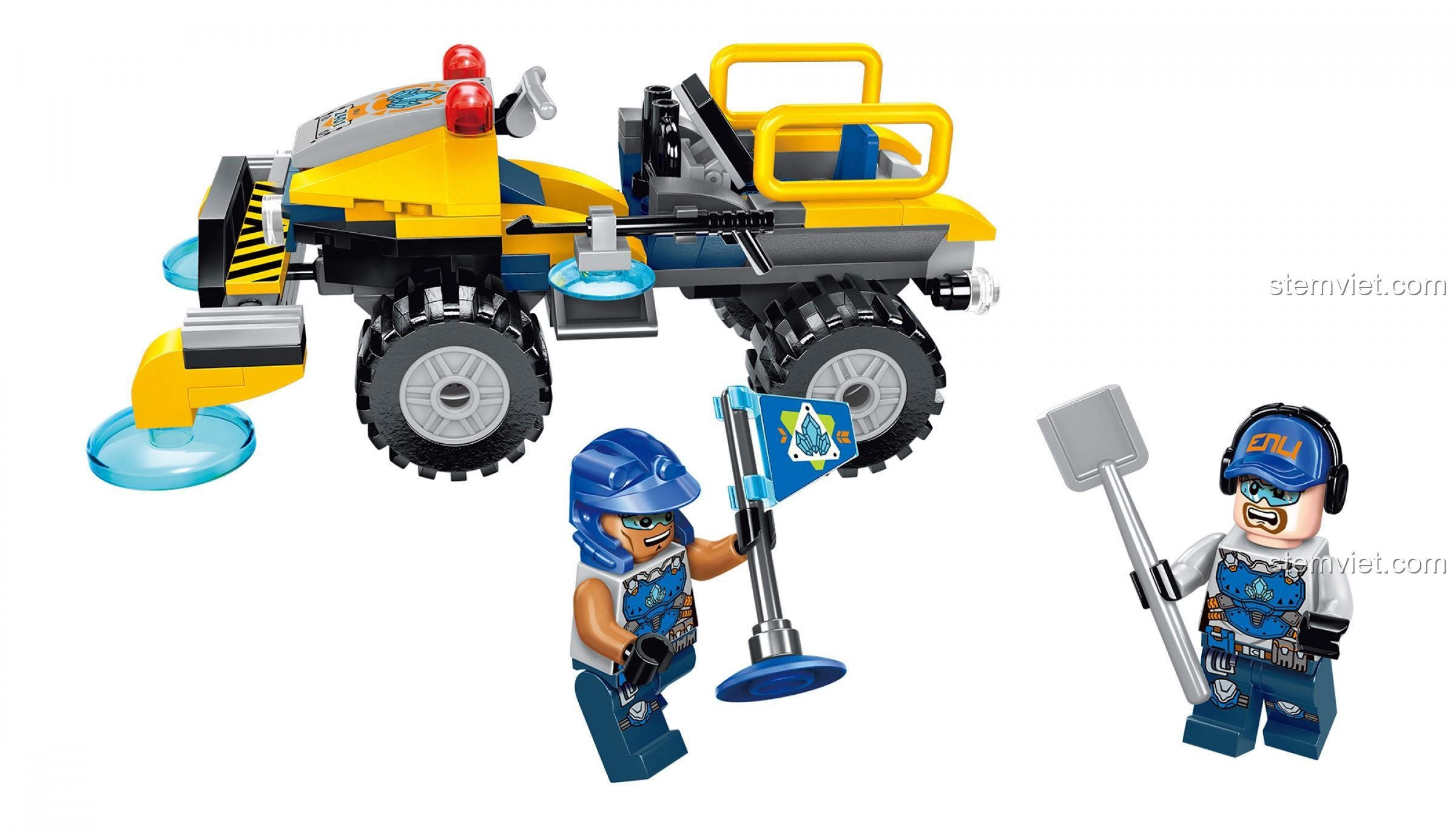 Xe thăm dò tinh thể QMAN 2401 Kyanite Squad với minifigure và phụ kiện xẻng, cờ hiệu, phù hợp bé trai khám phá.