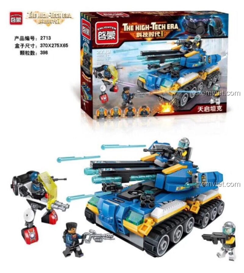 Hộp và mô hình hoàn chỉnh của bộ xếp hình Xe Tăng Red Alert QMAN 2713, một món đồ chơi mô hình giá rẻ và chất lượng.