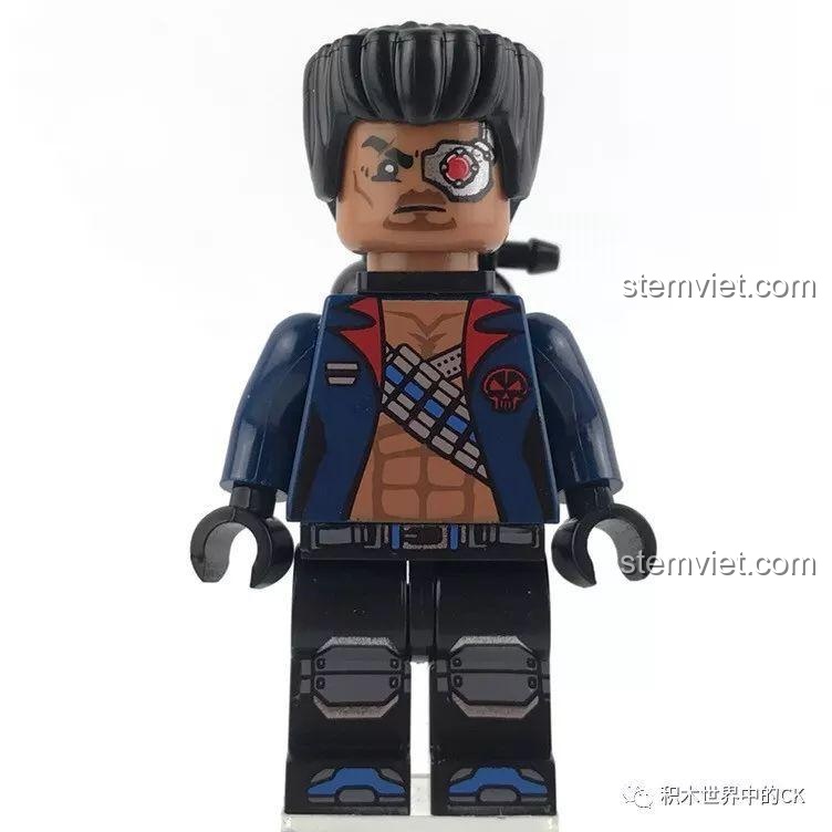 Minifigure Abaddon từ bộ QMAN 2713, nhân vật phản diện với mắt máy và trang bị hầm hố.