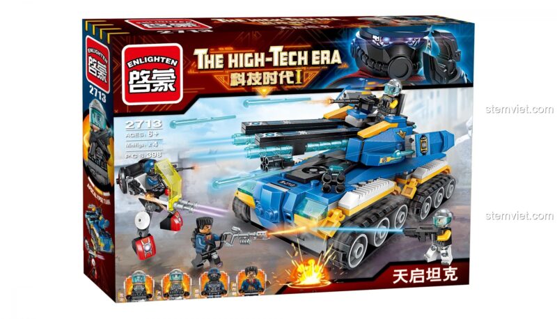 Vỏ hộp của bộ lắp ráp QMAN 2713 Xe Tăng Khải Huyền, thể hiện cảnh chiến đấu hoành tráng, đồ chơi cho bé trai.