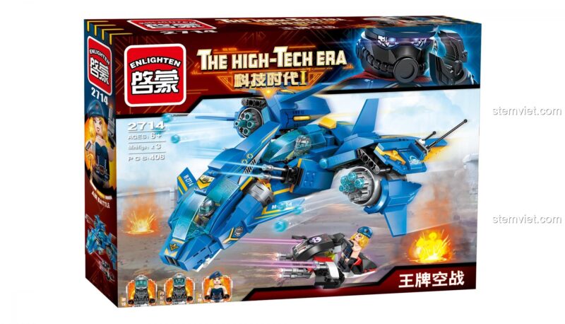 Vỏ hộp của bộ lắp ráp ENLIGHTEN 2714 The High-Tech Era, với hình ảnh chiến đấu cơ đang tham chiến. Bộ đồ chơi gồm 406 chi tiết, phù hợp cho trẻ từ 6 tuổi.