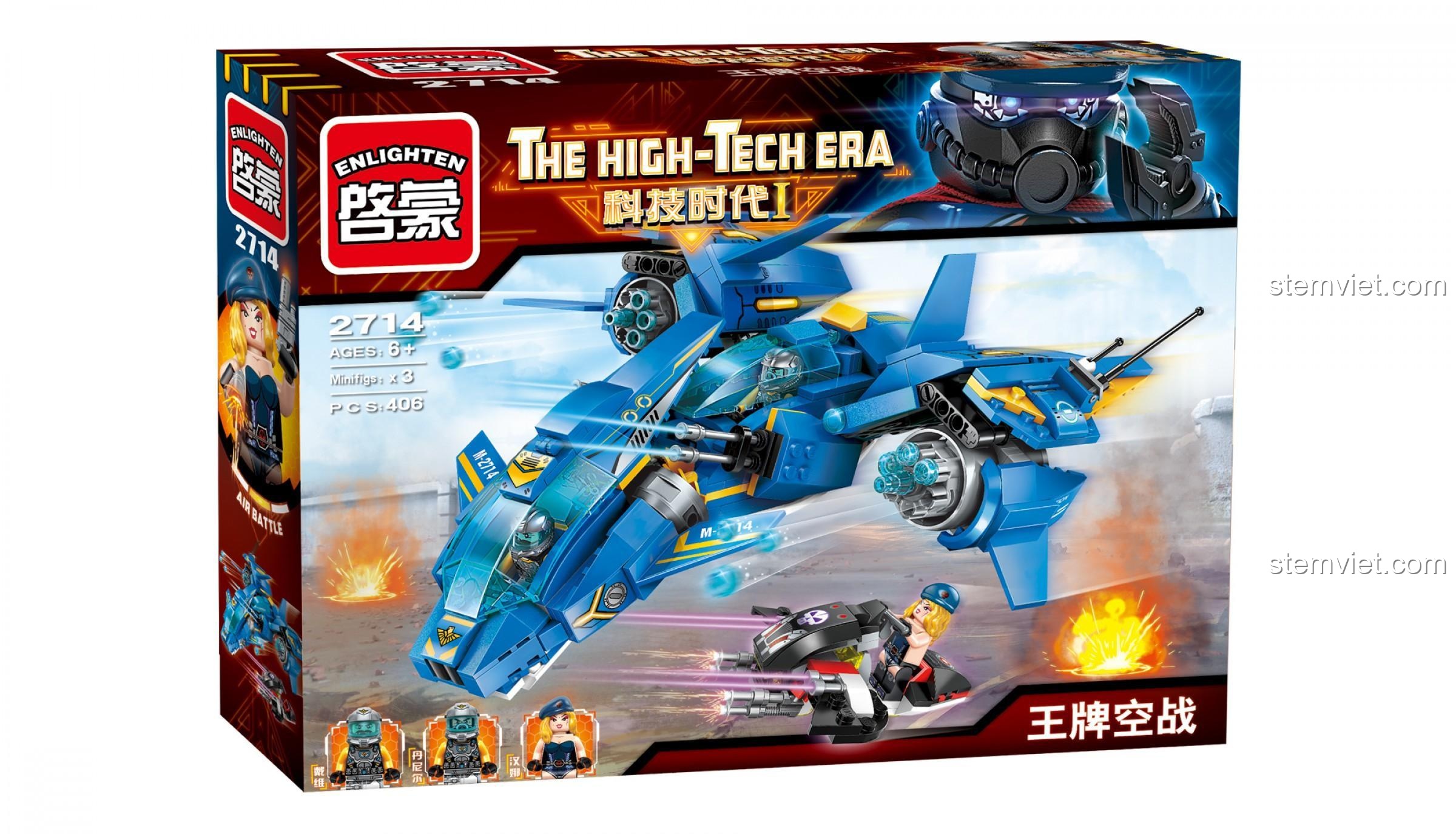 Vỏ hộp của bộ lắp ráp ENLIGHTEN 2714 The High-Tech Era, với hình ảnh chiến đấu cơ đang tham chiến. Bộ đồ chơi gồm 406 chi tiết, phù hợp cho trẻ từ 6 tuổi.