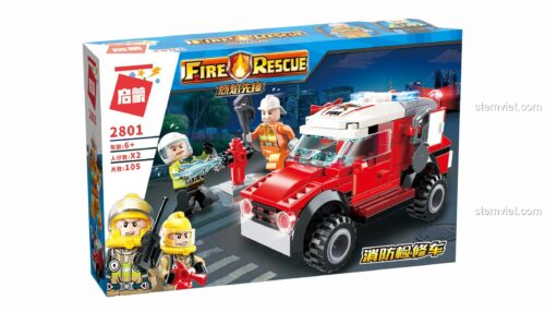 Ảnh chụp bộ lắp ghép Xe Kiểm Tra Cứu Hỏa QMAN 2801 với 2 minifigures lính cứu hỏa và trụ nước. Món đồ chơi xếp hình giá rẻ cho bé trai 6 tuổi.