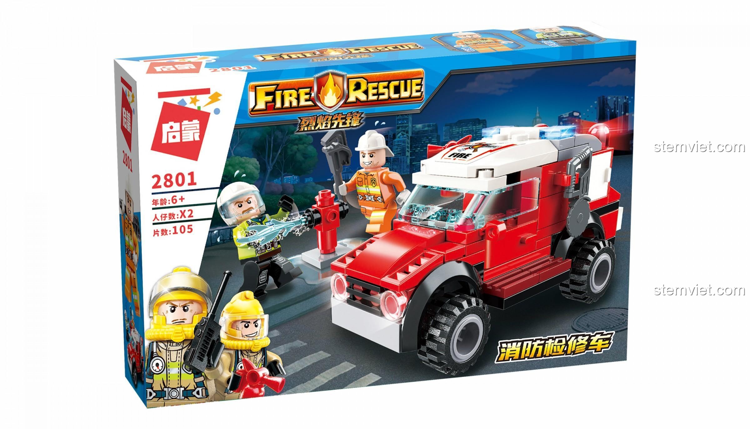 Ảnh chụp bộ lắp ghép Xe Kiểm Tra Cứu Hỏa QMAN 2801 với 2 minifigures lính cứu hỏa và trụ nước. Món đồ chơi xếp hình giá rẻ cho bé trai 6 tuổi.