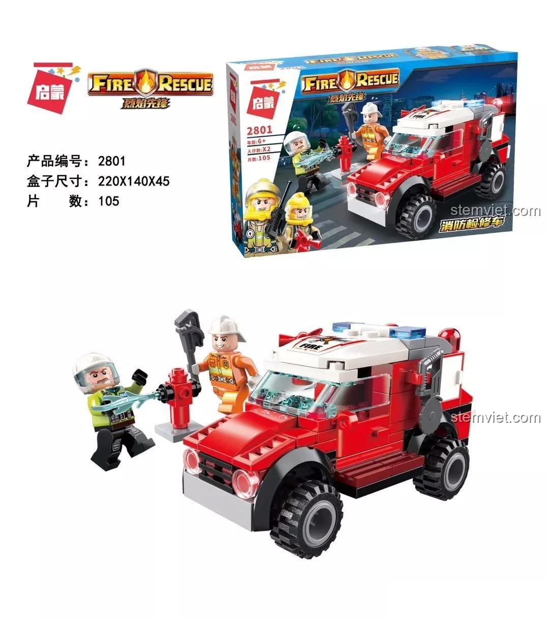 Hộp sản phẩm bộ lắp ghép QMAN 2801 Xe Kiểm Tra Cứu Hỏa, món quà tuyệt vời cho bé trai 6 tuổi yêu thích chủ đề lính cứu hỏa.