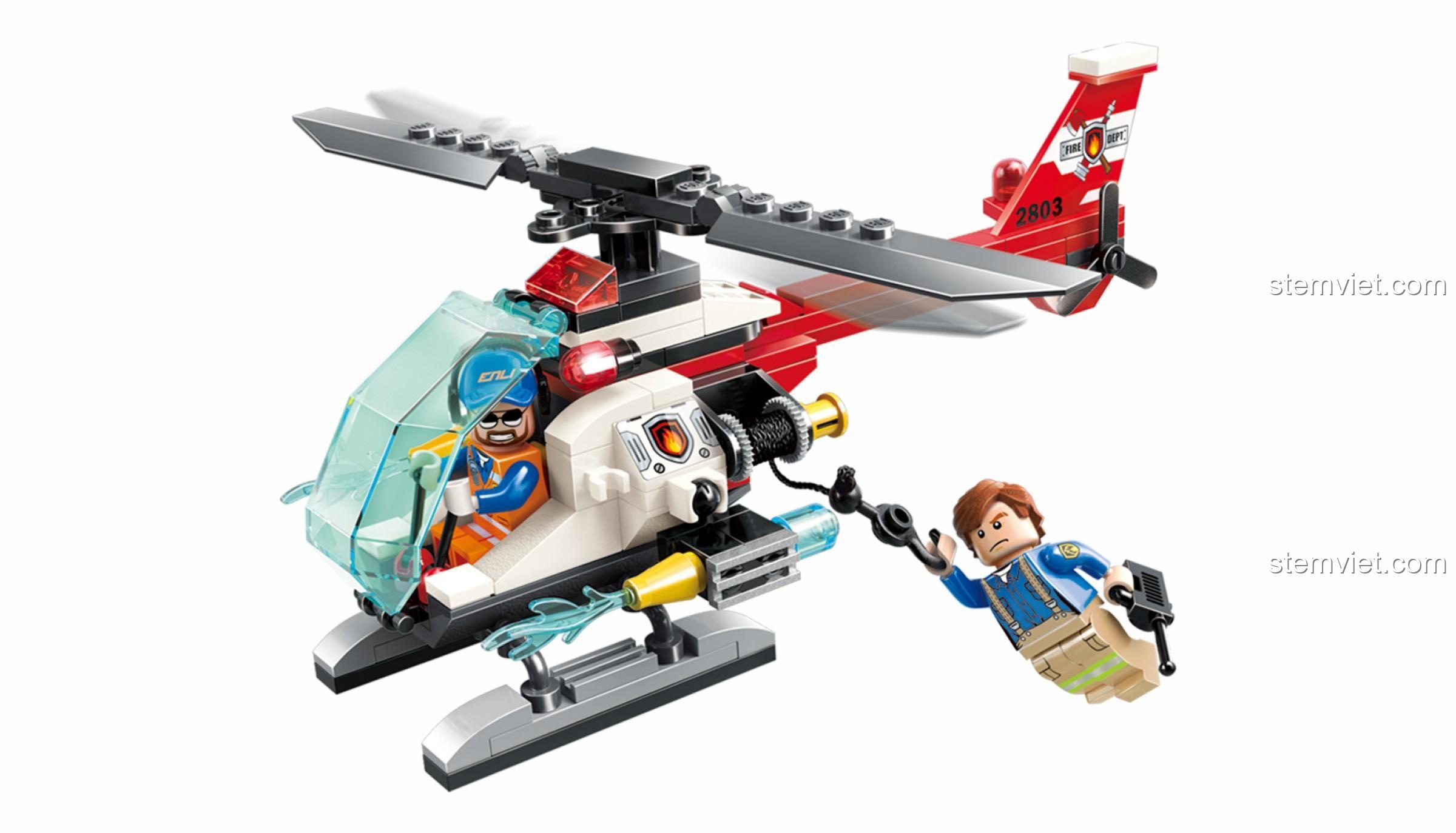 Hình ảnh chính thức bộ đồ chơi QMAN 2803 Máy bay cứu hộ Fire Rescue đang thực hiện nhiệm vụ.