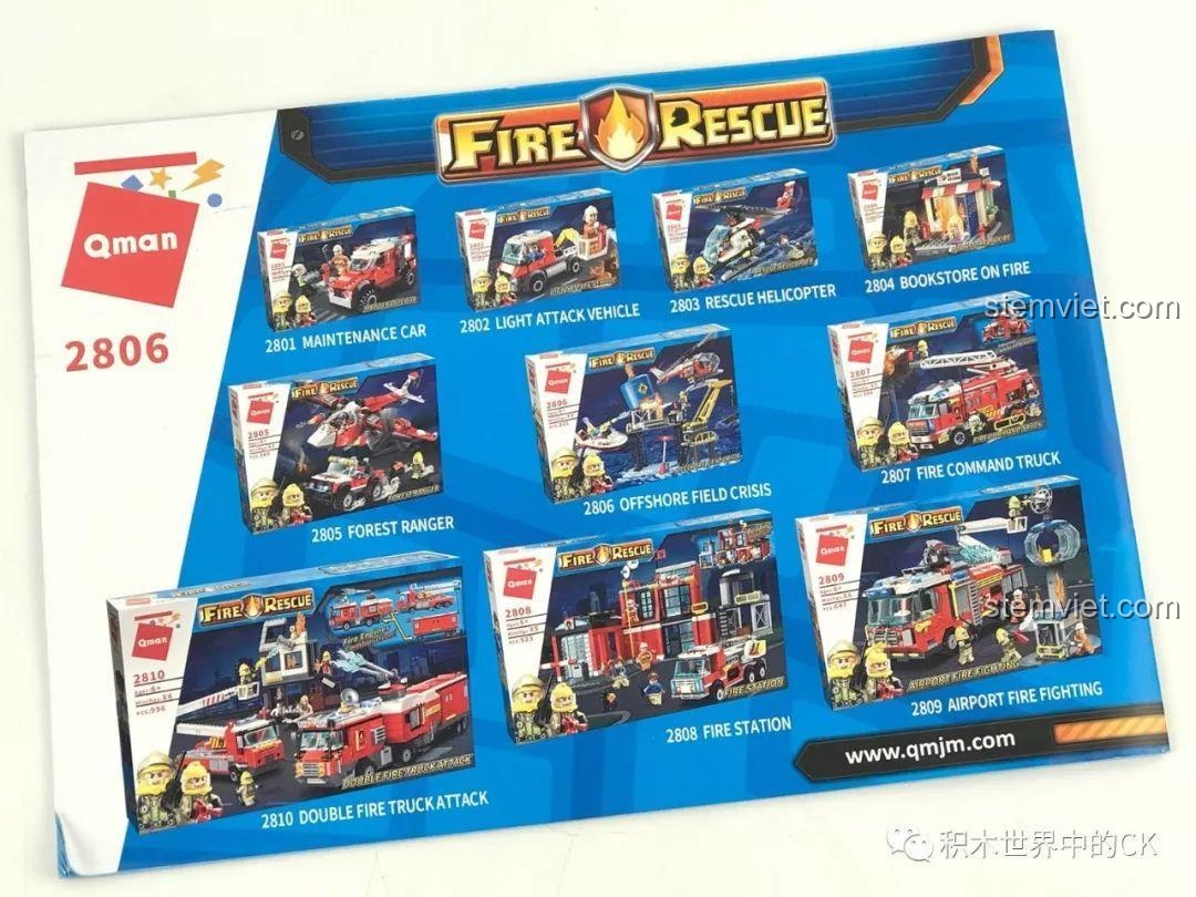 Quảng cáo các bộ đồ chơi khác trong series Fire Rescue của QMAN ở mặt sau sách hướng dẫn.