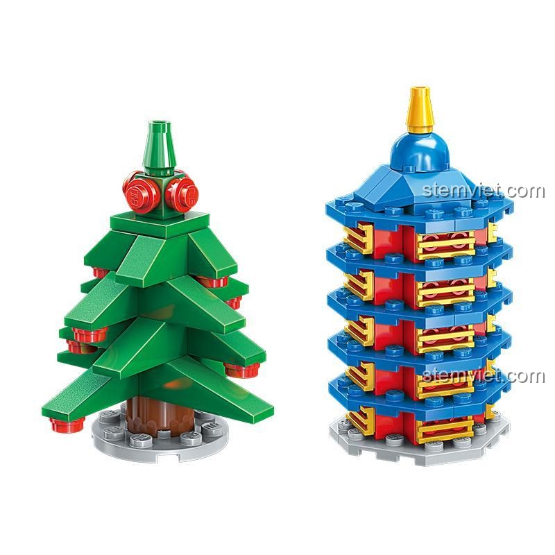 Chi tiết các mô hình cây thông và tòa tháp được lắp ráp từ bộ đồ chơi Build N Learn Ball QMAN 2902