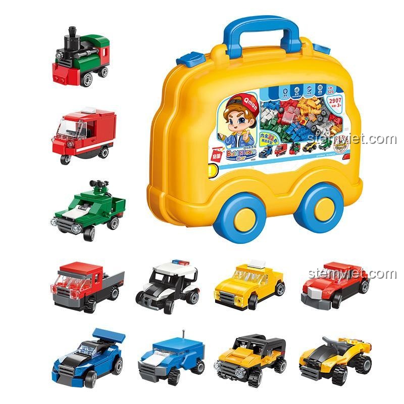 Bộ lắp ghép QMAN 2907 Xe Học Mà Chơi với hộp đựng hình xe và các mẫu xe nhỏ lắp được, cho bé trai 3 tuổi sáng tạo.