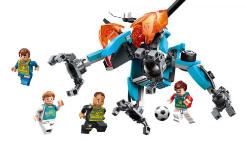 Mô hình robot bóng đá QMAN 3002 màu xanh lơ và cam cùng 4 minifigures cầu thủ. Bộ lắp ghép Robot bóng đá này là món quà tuyệt vời cho bé trai 6 tuổi, giá rẻ.