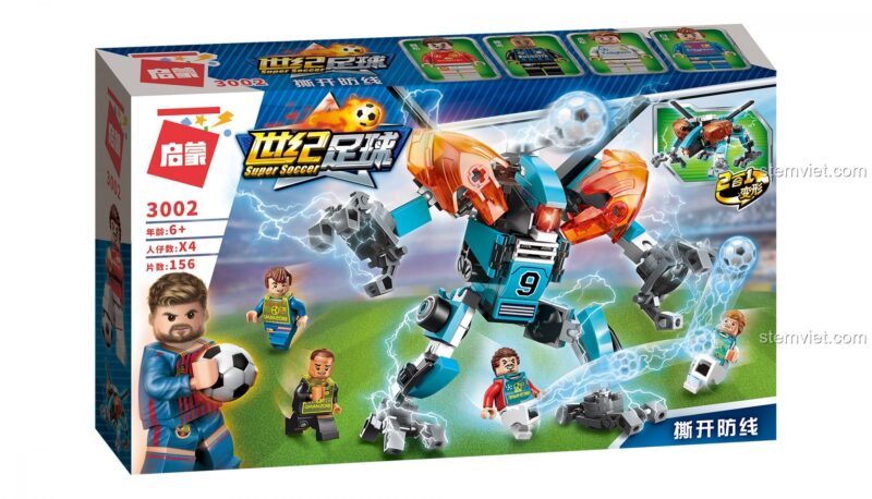Ảnh hộp đồ chơi mô hình 3002 Super Soccer, thể hiện khả năng biến hình 2 trong 1 của robot và 4 minifigures đi kèm. Món đồ chơi sáng tạo cho bé trai.