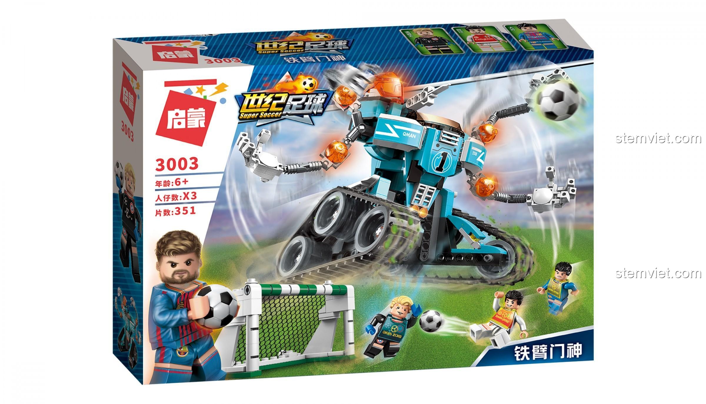 Góc nhìn 3D của hộp bộ lắp ráp Robot bóng đá 3003, cho thấy thiết kế bao bì hấp dẫn và thương hiệu QMAN (启蒙).