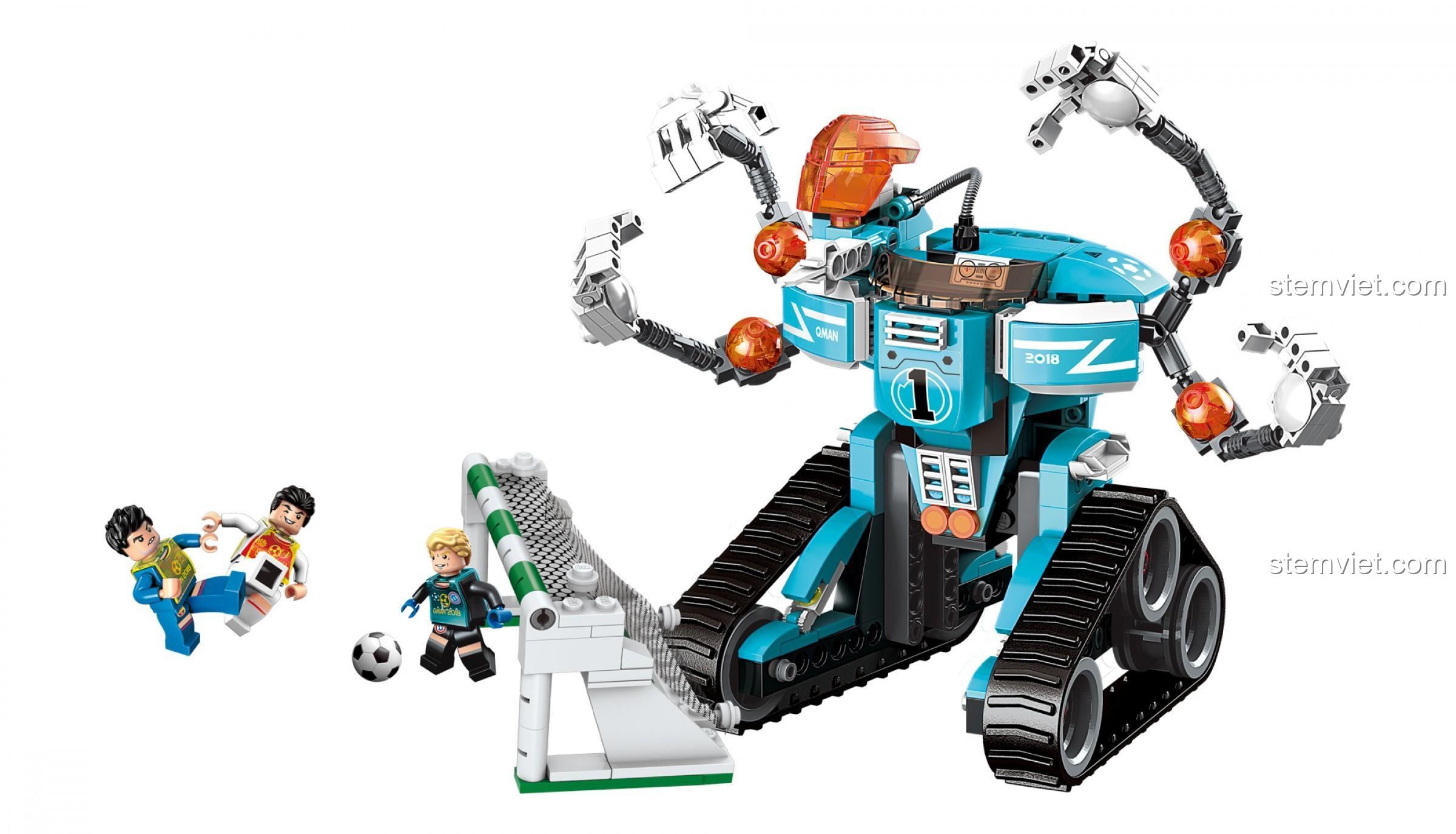 Một hình ảnh render khác của ENLIGHTEN 3003 Thủ môn cơ khí, thể hiện robot đang di chuyển trên bánh xích và vung tay bắt bóng.