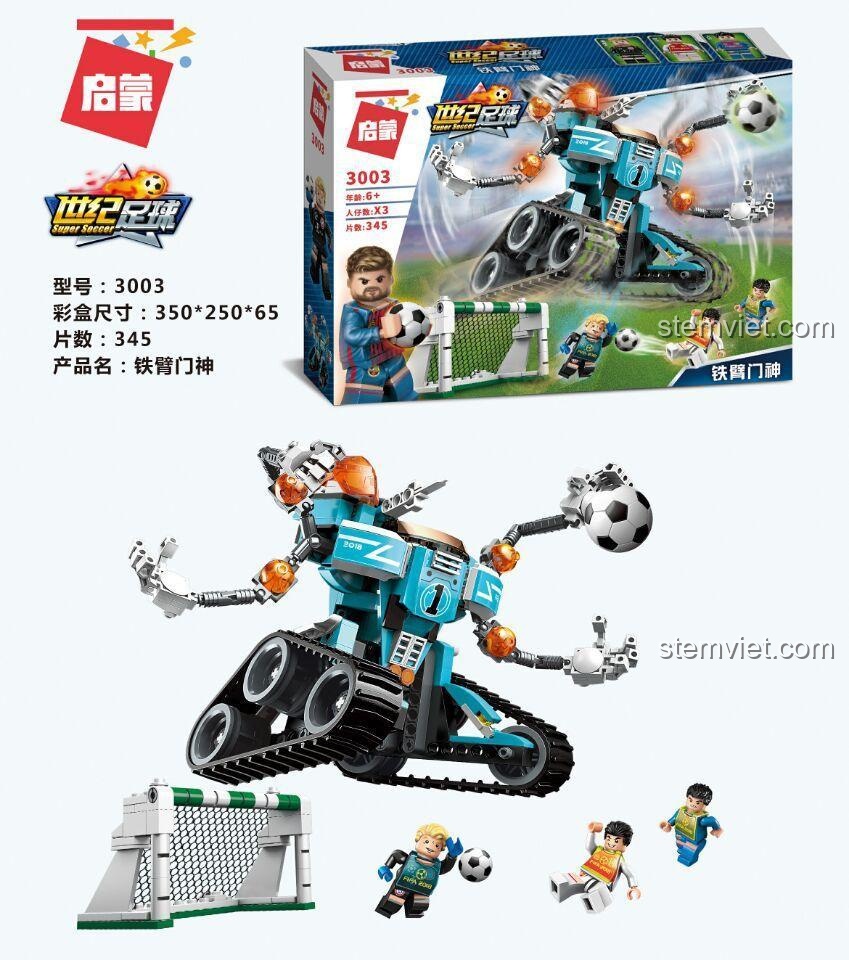 Hộp sản phẩm QMAN 3003 Robot Thủ Môn với thông tin chi tiết: 345 mảnh ghép, 3 nhân vật, kích thước hộp 350x250x65mm.