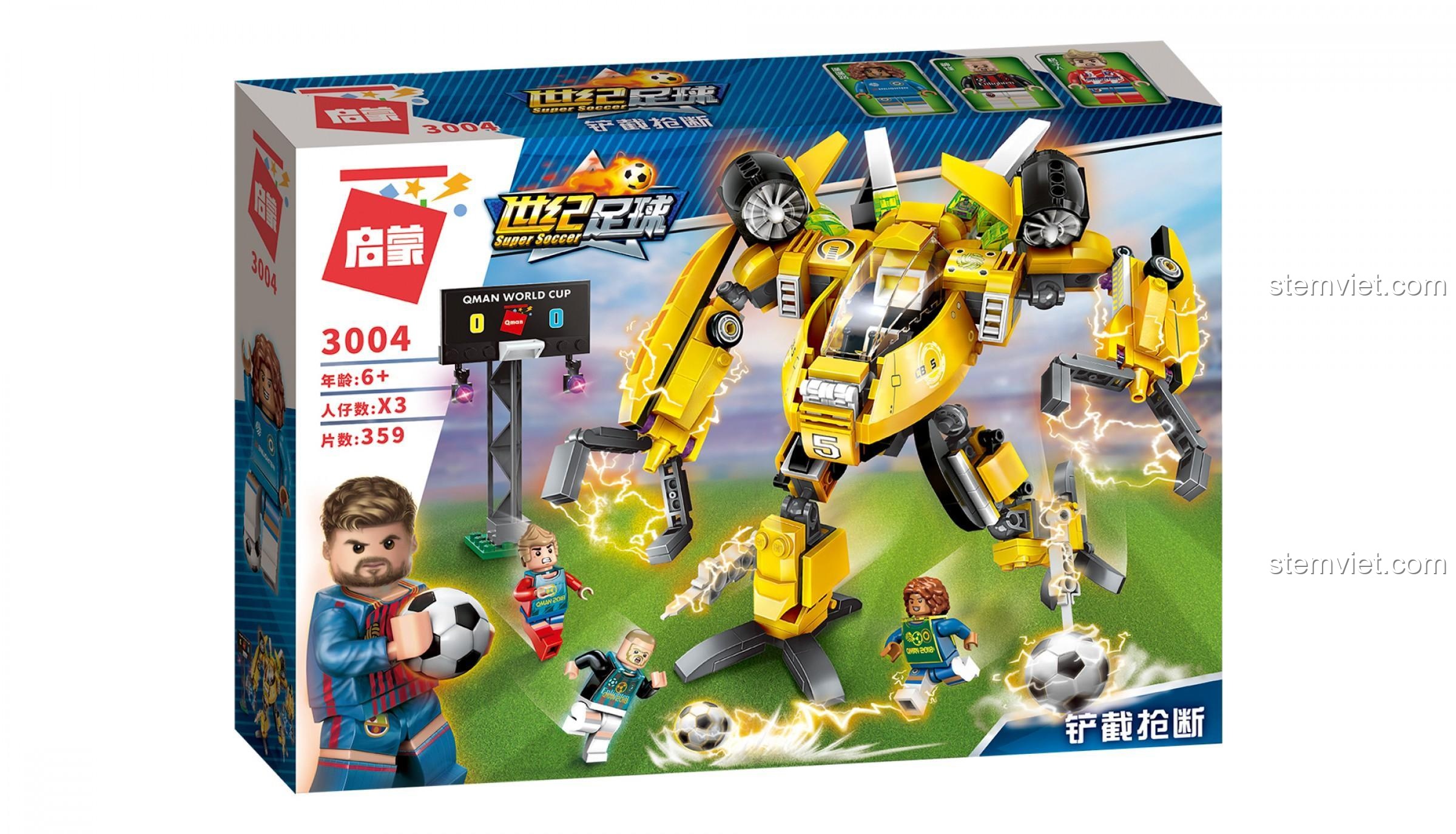 Thiết kế hộp của bộ xếp hình QMAN 3004, hình ảnh robot bóng đá màu vàng và 3 cầu thủ mini.
