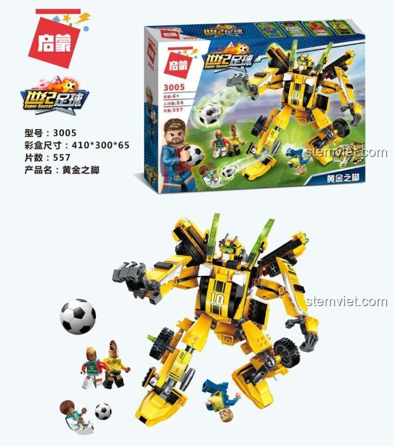 Hộp sản phẩm bộ xếp hình QMAN 3005 Robot Chiếc Giày Vàng, thể hiện hình ảnh robot và các thông số chi tiết như 557 mảnh, 4 minifigures.