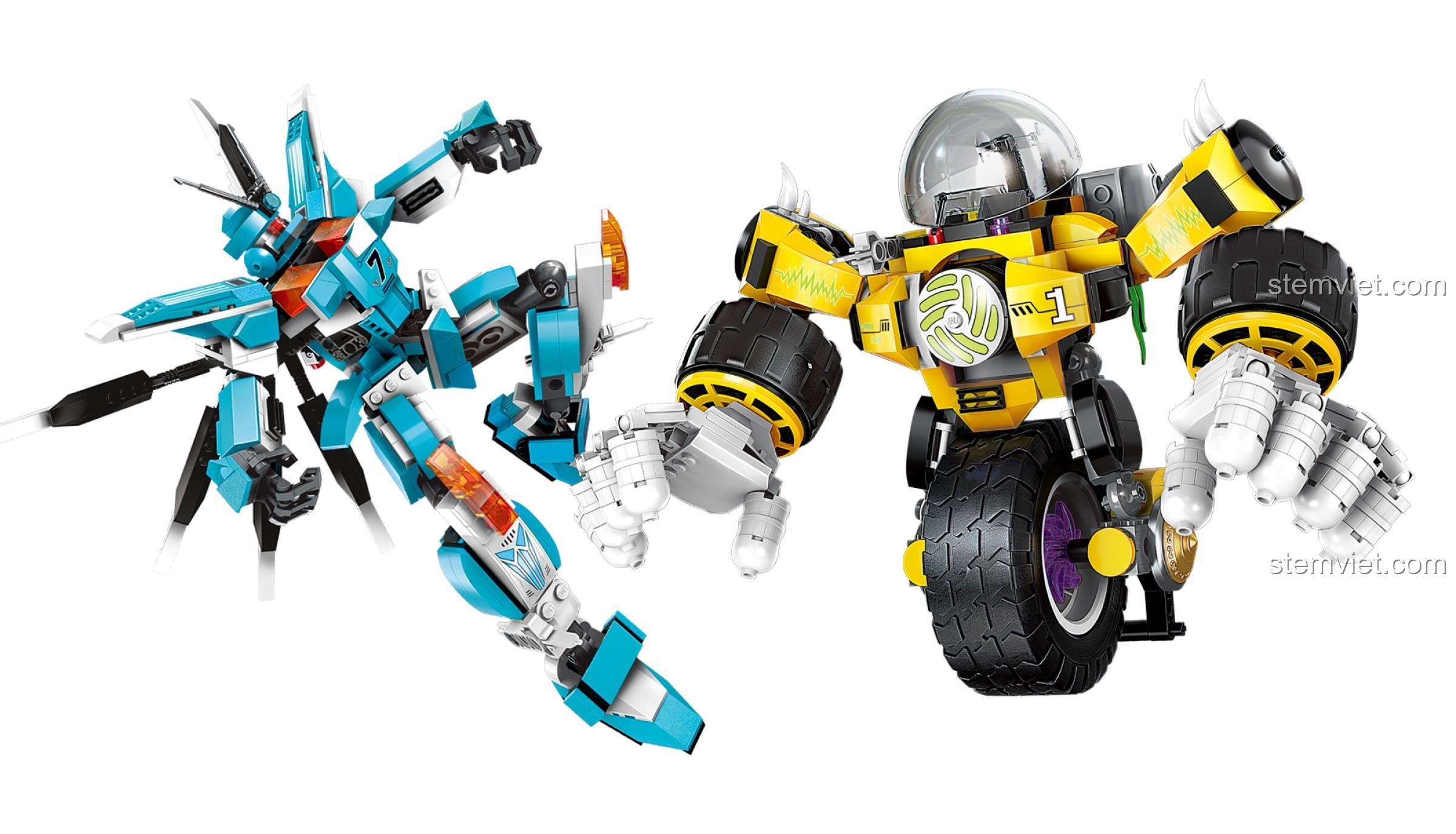 Cận cảnh 2 mẫu robot lắp được từ bộ QMAN 3007: Robot thủ môn một bánh màu vàng và Robot tiền đạo có cánh màu xanh dương.