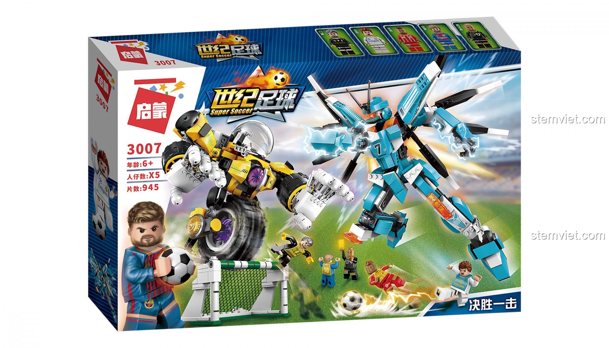 Góc nhìn khác của hộp bộ xếp hình Mecha đá banh QMAN 3007, làm nổi bật robot màu vàng và xanh dương trong trận đấu kịch tính.