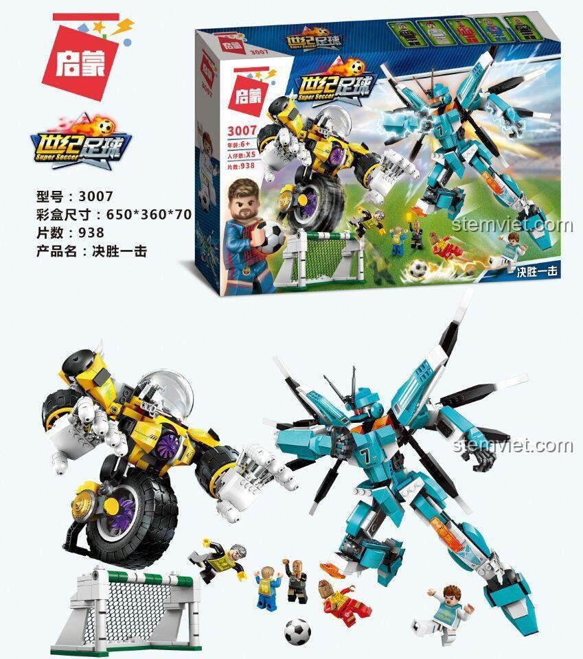 Hộp sản phẩm đồ chơi mô hình QMAN 3007 Super Soccer, thể hiện 2 robot chiến đấu trên sân cỏ và 5 cầu thủ, tổng cộng 938 chi tiết.
