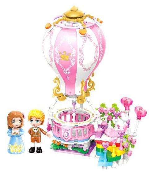 Bộ lắp ghép Khinh khí cầu công chúa QMAN 32018 với 2 minifigures công chúa và hoàng tử, màu hồng pastel dễ thương, phù hợp cho bé gái 6 tuổi, giá tốt.
