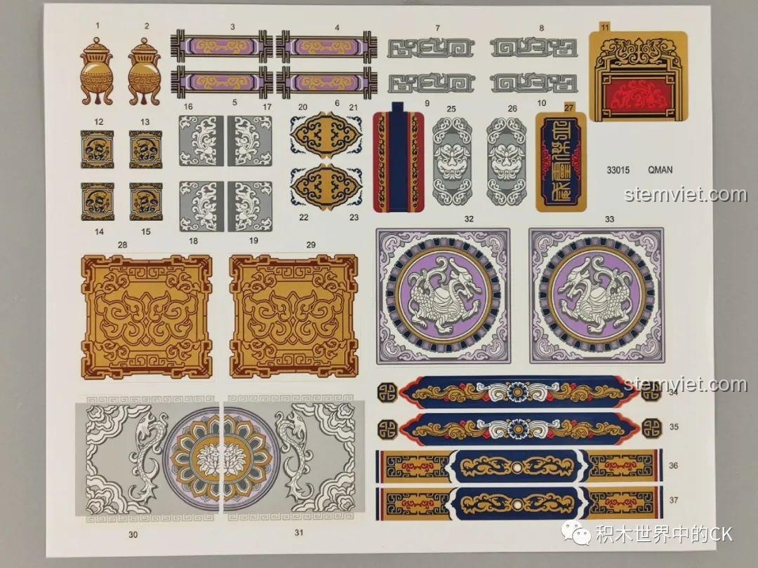 Tấm dán sticker với nhiều họa tiết cổ trang và chi tiết trang trí cho bộ lắp ráp Qman 33015 Minh Đường Phong Thưởng.
