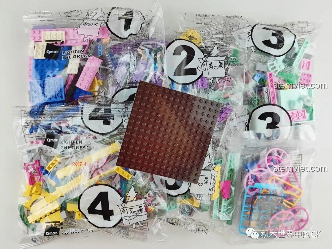 Các túi mảnh ghép được đánh số cho bộ xếp hình QMAN 33017 Tứ Nghệ Khuê Các