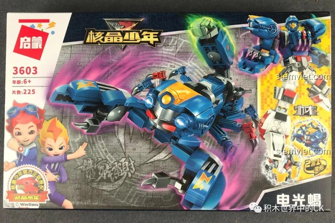 Mặt trước hộp đồ chơi lắp ráp QMAN 3603 Robot Bọ Cạp Điện Quang, hiển thị mô hình bọ cạp và tính năng hợp thể 2 trong 1.