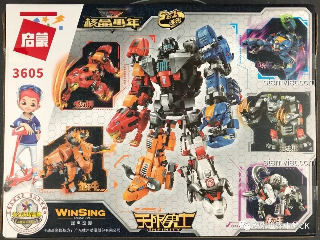Mặt sau hộp QMAN 3605 Gấu Bạo Kích, giới thiệu khả năng kết hợp 5 trong 1 để tạo thành Robot Chiến Binh Vô Hạn.