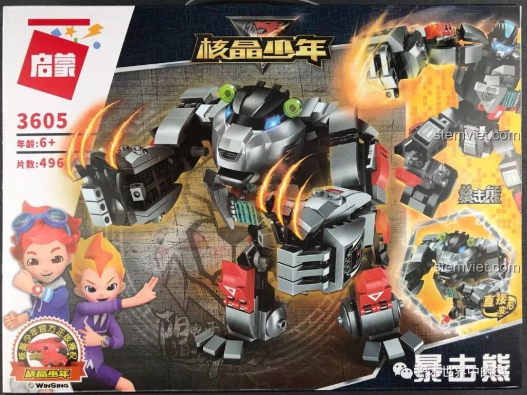 Mặt trước hộp bộ đồ chơi Robot Gấu Bạo Kích QMAN 3605, hiển thị hình ảnh robot gấu dũng mãnh và nhân vật hoạt hình.