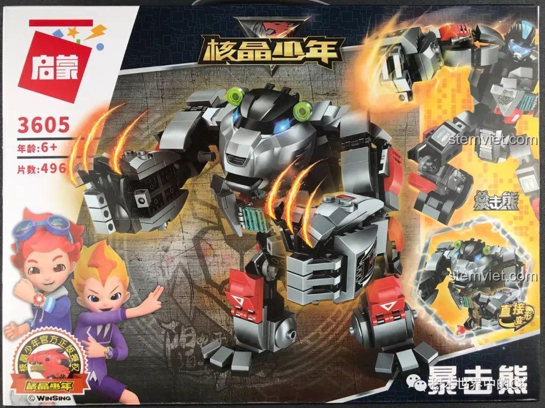 Mặt trước hộp bộ đồ chơi Robot Gấu Bạo Kích QMAN 3605, hiển thị hình ảnh robot gấu dũng mãnh và nhân vật hoạt hình.