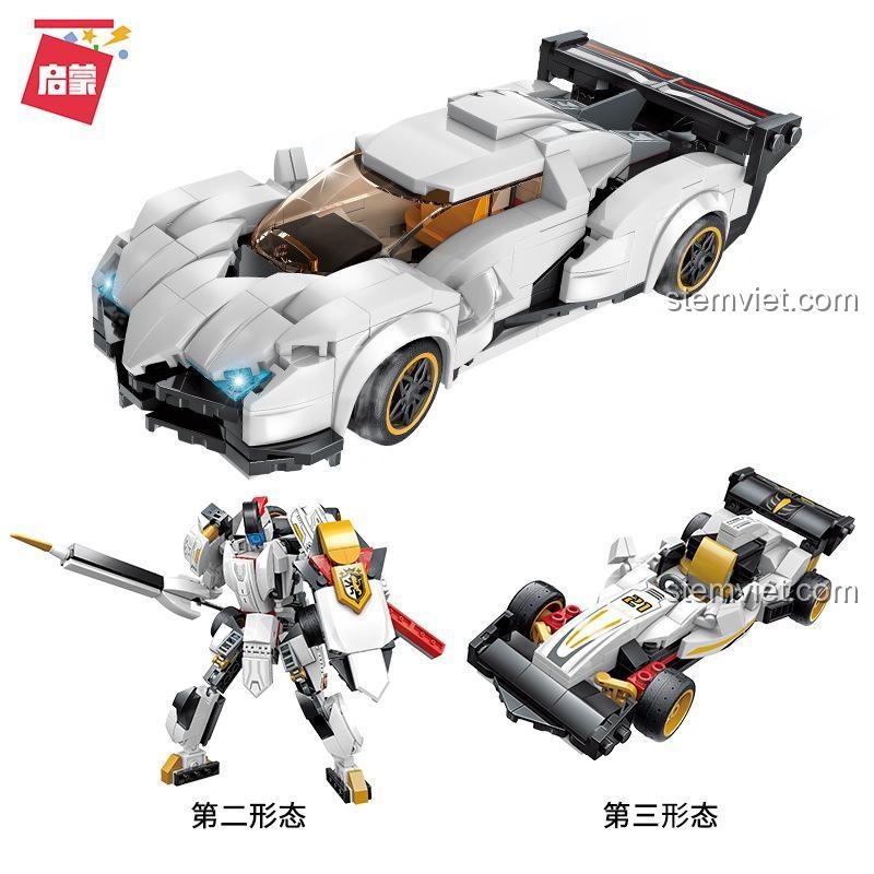 Các dạng biến hình của bộ lắp ráp QMAN 42102 bao gồm siêu xe, robot và xe F1, mang đến trải nghiệm đồ chơi mô hình đa dạng cho bé trai.