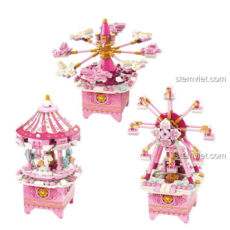 Bộ xếp hình 42107 trưng bày cả 3 mẫu lắp ráp: đu quay ngựa gỗ, vòng đu quay và đu quay máy bay.