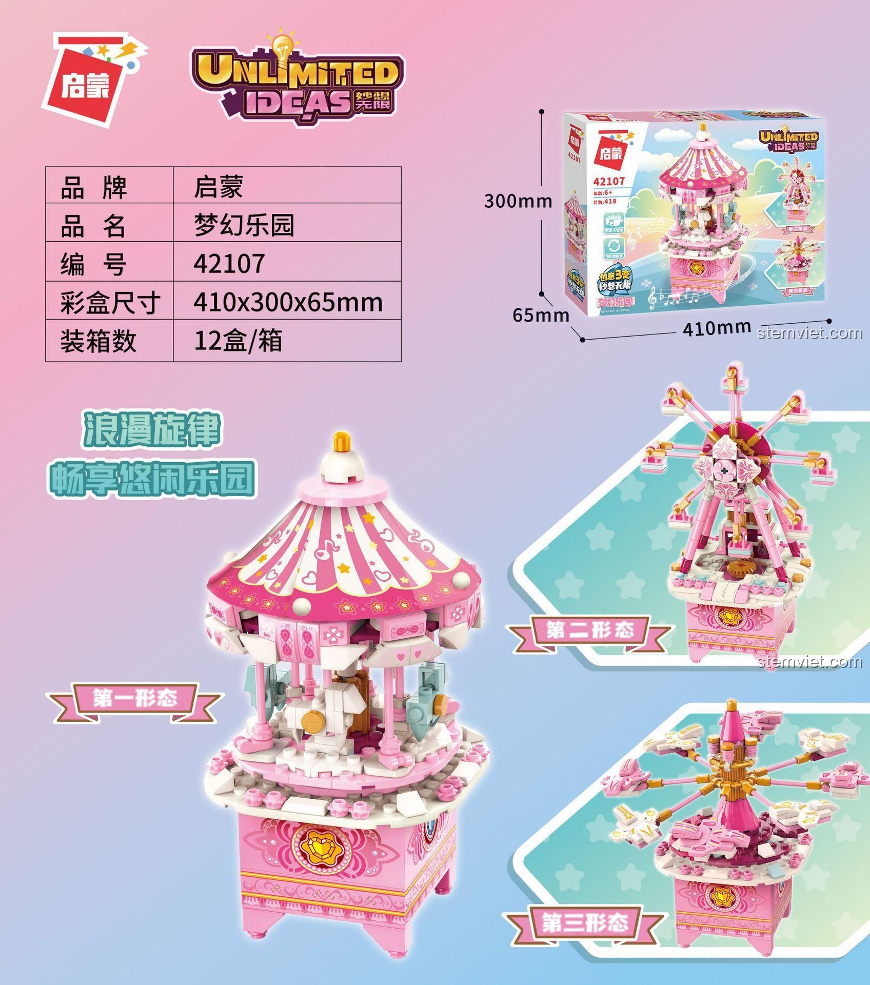 Thông tin chi tiết và kích thước hộp của đồ chơi mô hình QMAN 42107, thể hiện 3 dạng lắp ráp độc đáo.