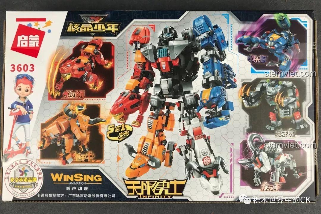 Mặt sau hộp QMAN Enlighten 3603 giới thiệu khả năng kết hợp với các bộ khác để tạo thành Robot hợp thể Infinite Warrior.