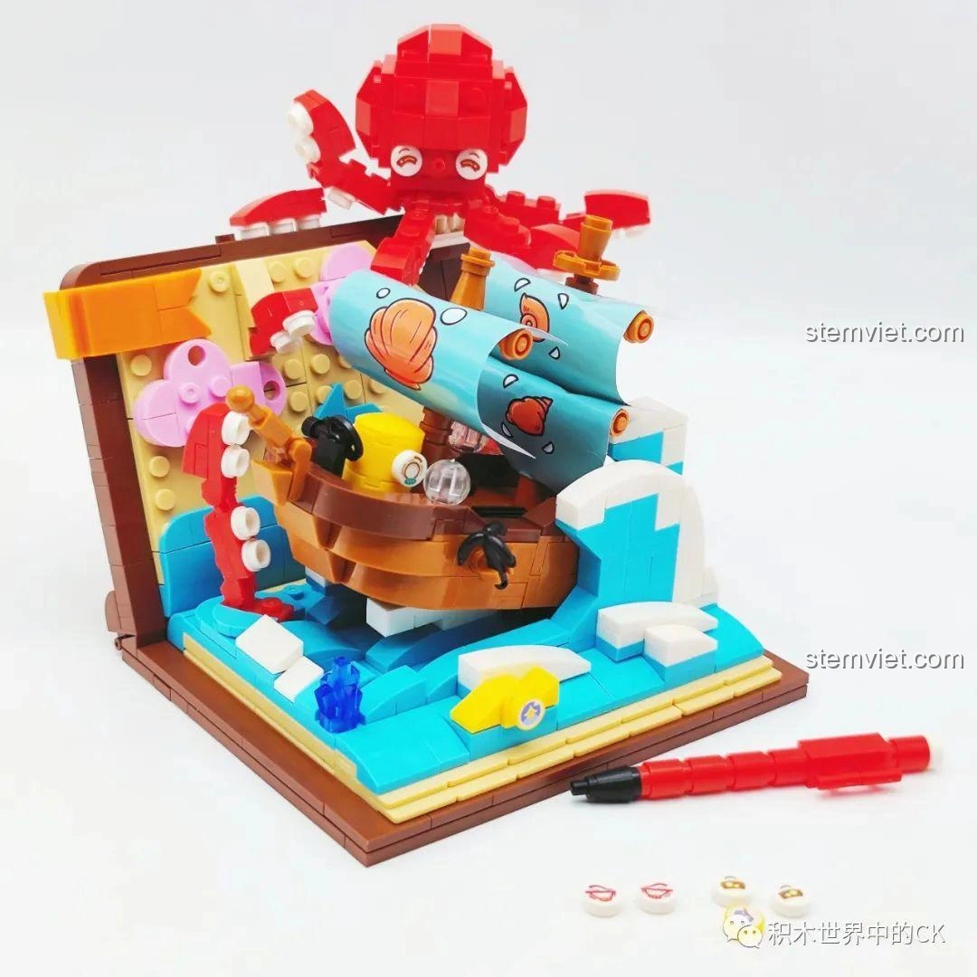 Mô hình đang trong quá trình lắp ráp, bạch tuộc và thuyền buồm dần hiện rõ, cho thấy sự tỉ mỉ của bộ xếp hình Bạch tuộc khổng lồ KY7069.