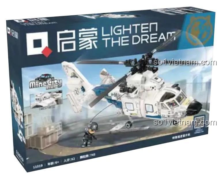 Hộp sản phẩm bộ lắp ghép trực thăng tuần tra cảnh sát Qman 11019, đồ chơi xây dựng mô hình máy bay cho bé trai