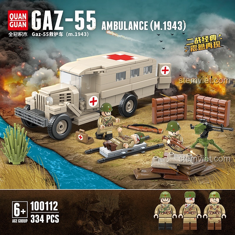 Minifigure lính quân sự Quan Guan, bao gồm lính y tế, lính bị thương và lính bắn tỉa, cùng các vũ khí và phụ kiện chi tiết, tăng cường trải nghiệm đồ chơi lắp ráp.