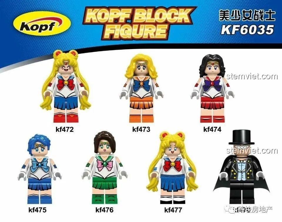 Ảnh quảng cáo chính thức của bộ sưu tập minifigure Thủy Thủ Mặt Trăng Kopf KF6035, hiển thị tất cả các nhân vật trong set.